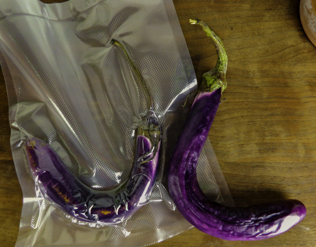 Vacuum sealing organic vegetables such as these Japanese eggplants keeps them fresh and beautiful looking until cooking