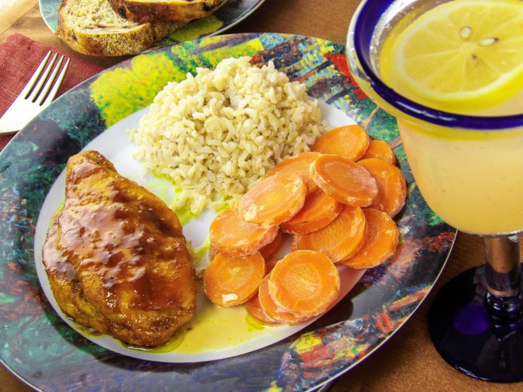 Recipe Curry-Mustard Boneless Chicken Breasts Glazed Carrot Coins Jasmine rice Quite a Kitchen 